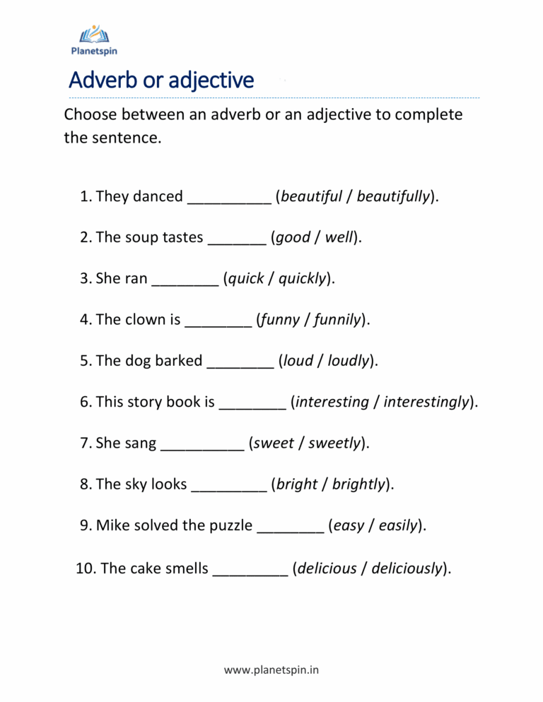 Adjective and adverbs worksheet for grade 2 | Planetspin.in