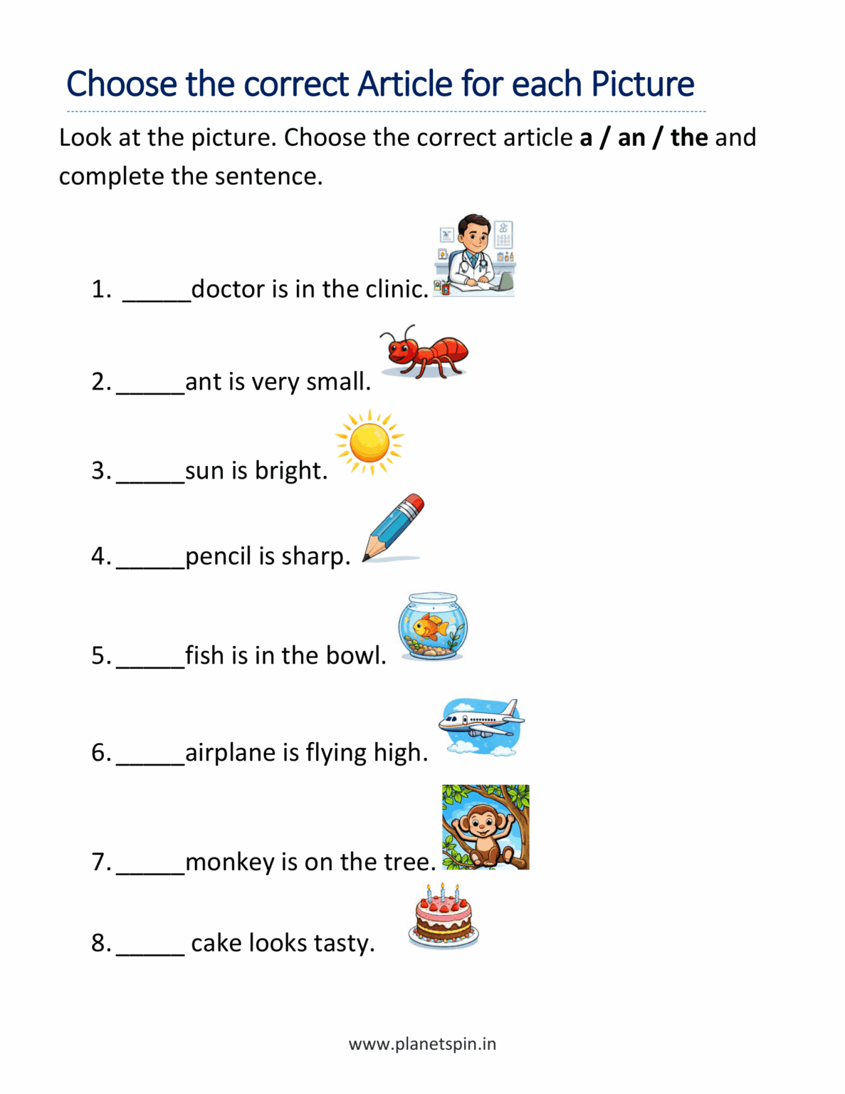 Worksheet on Articles with Pictures Worksheet (A, An, The)