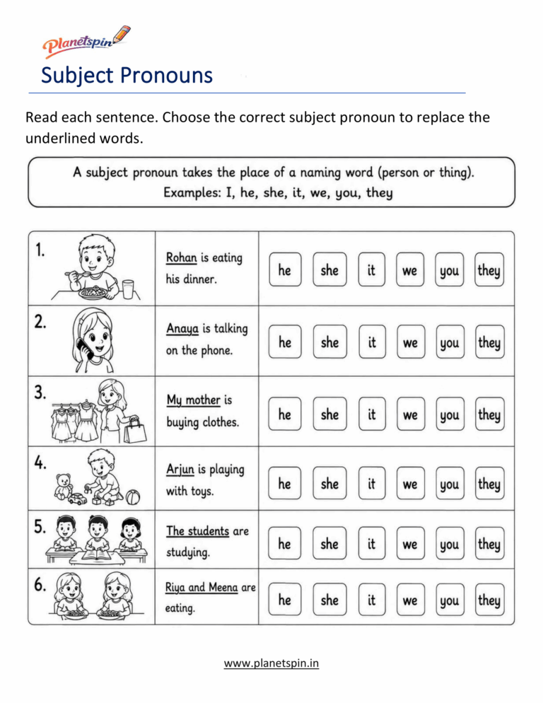 Subject Pronouns Worksheet for Grade 1 (Free Printable)