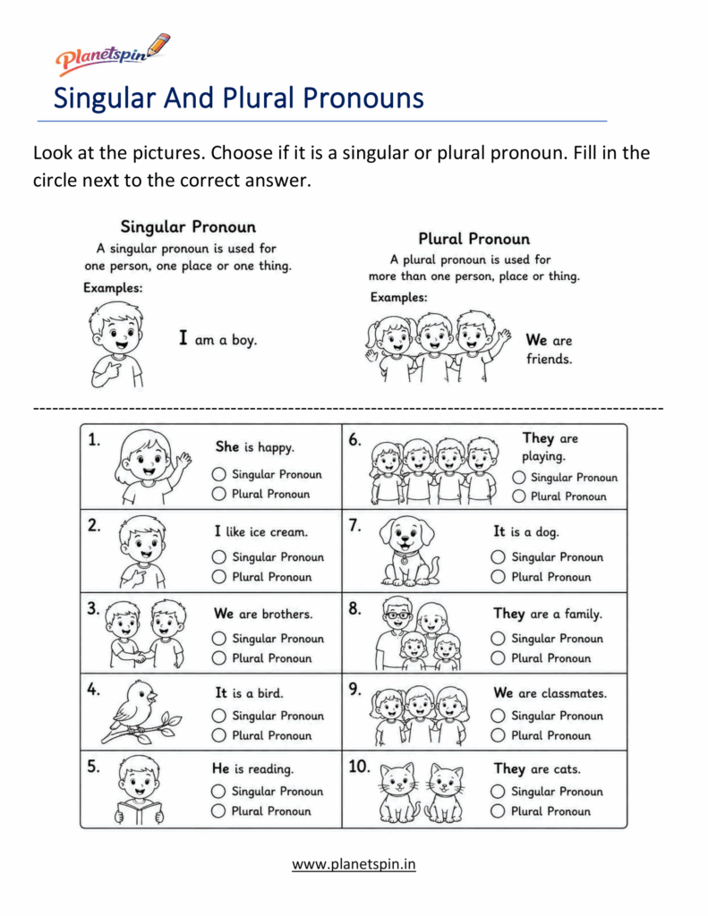singular and plural pronouns worksheet for grade 1
