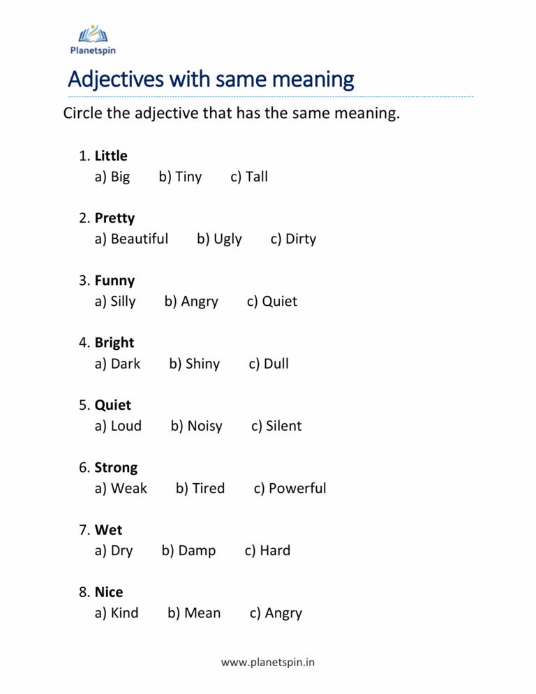Same Adjective List.pdf Adjectives with the same meaning worksheet grade 1
