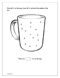 Circle all 'a' on the mug. Count and write the number in the box