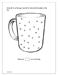 Circle all 'm' on the mug. Count and write the number in the box