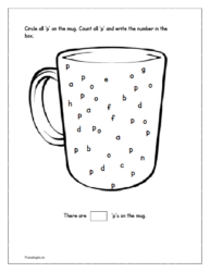 Circle all 'p' on the mug. Count and write the number in the box
