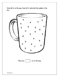 Circle all 'q' on the mug. Count and write the number in the box