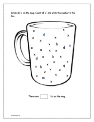 Circle all same 'x' letter on the mug worksheet. Count and write the number in the box