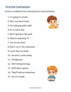 Contractions worksheet to Find the contraction word in each sentence