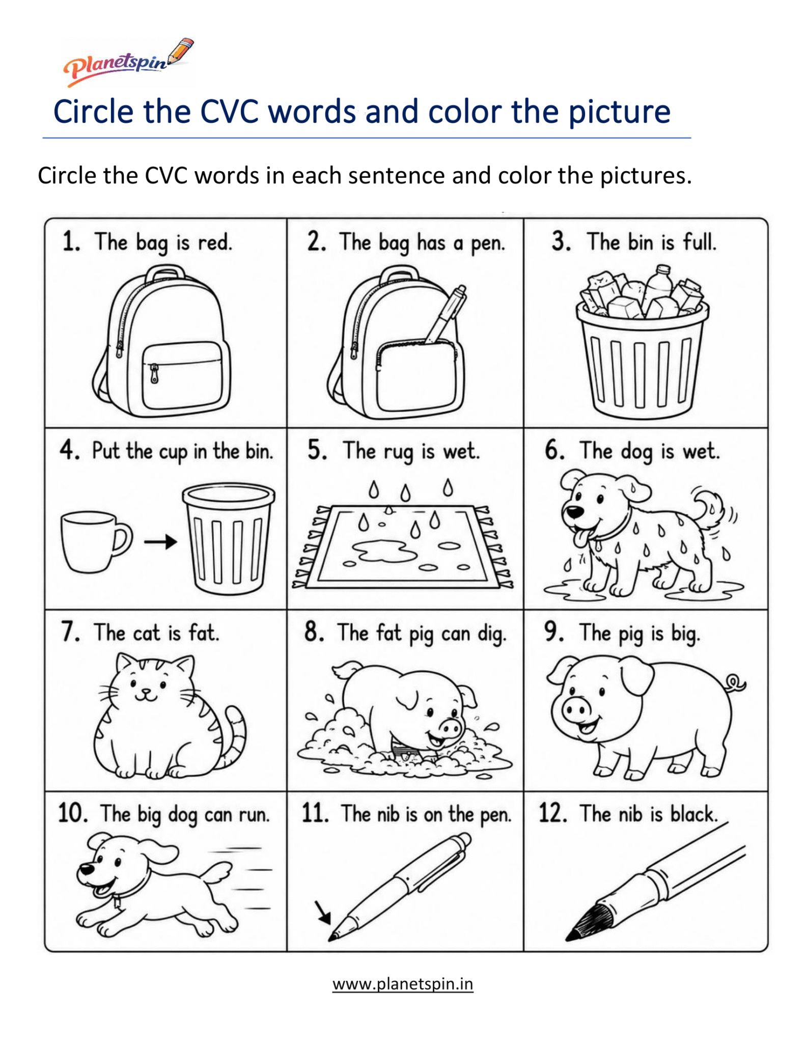 CVC simple sentences worksheets for kindergarten | Planetspin.in