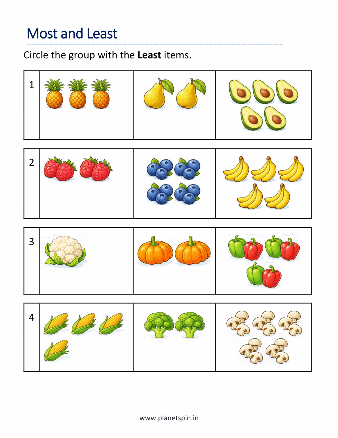 More Most Less Least worksheets for kindergarten | Planetspin.in