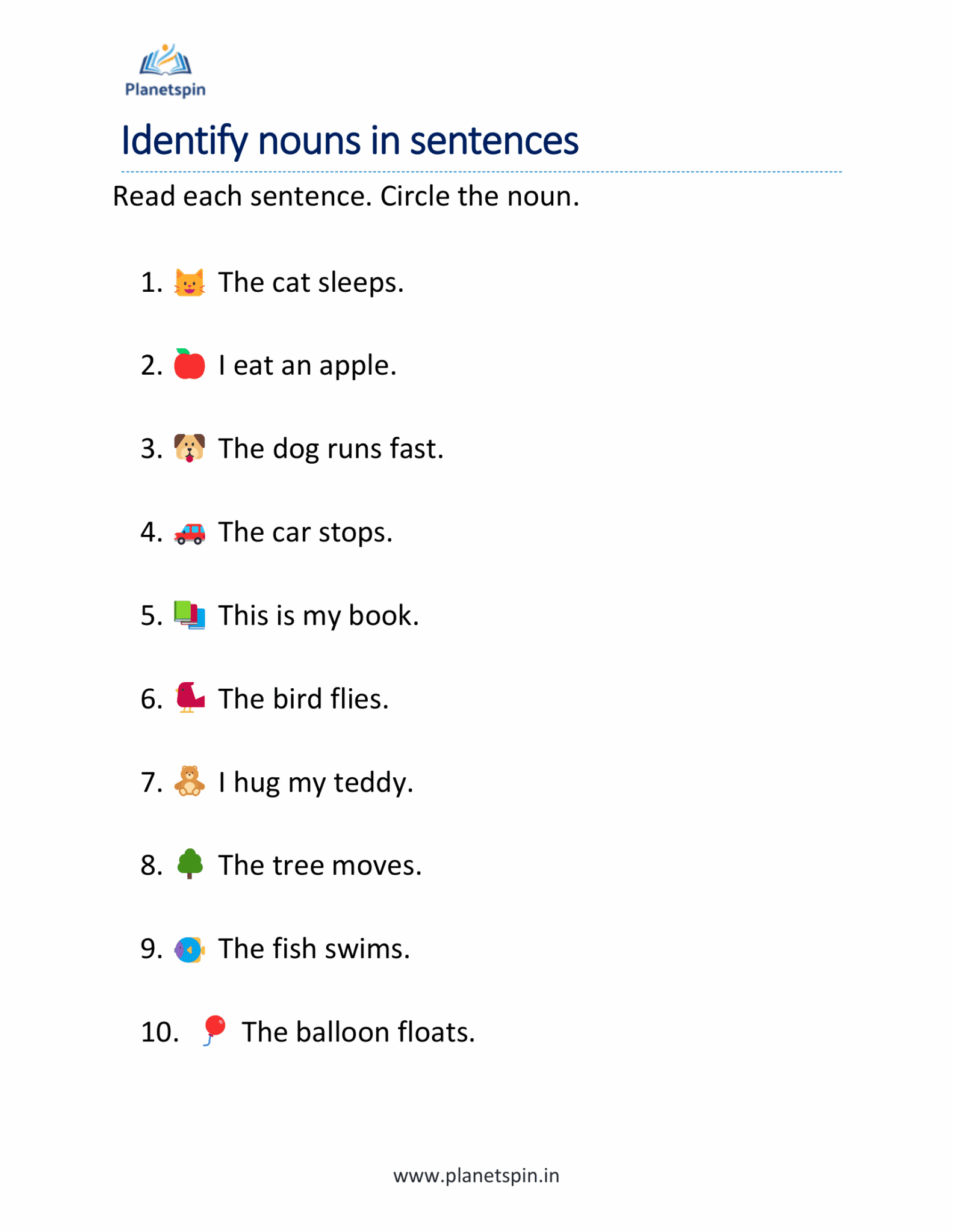 Identifying nouns in sentences worksheet grade 1 | Planetspin.in
