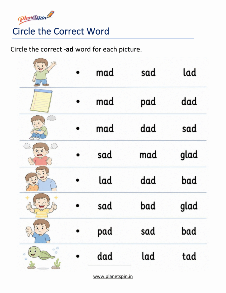 Free Printable -AD Word Family Worksheets PDF