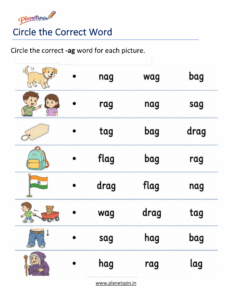 Free Printable -AG Word Family Worksheets PDF