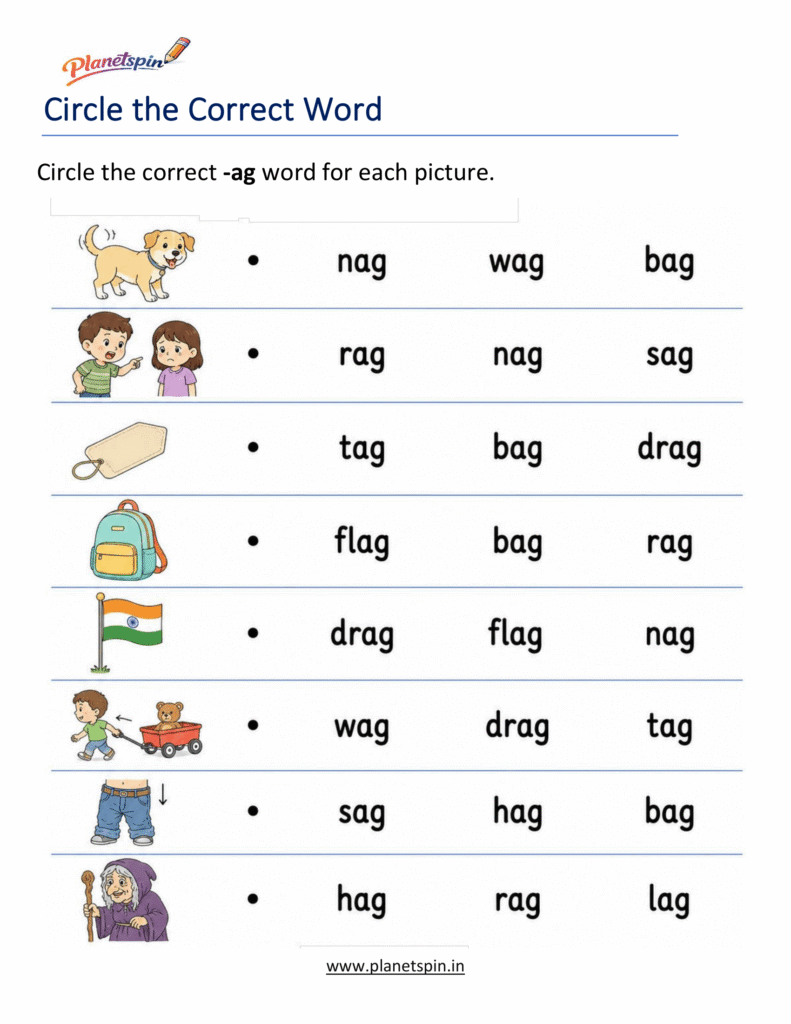 -AG Word Family Worksheets printable for Kindergarten