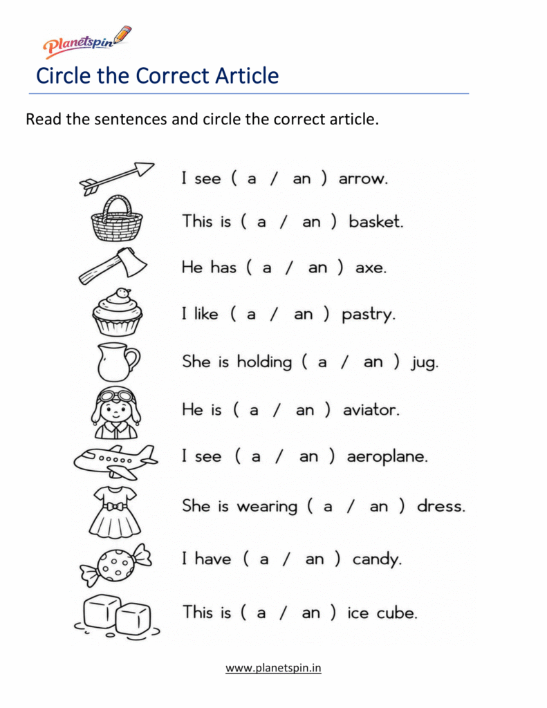 Articles A, An, The worksheets for Grade 1