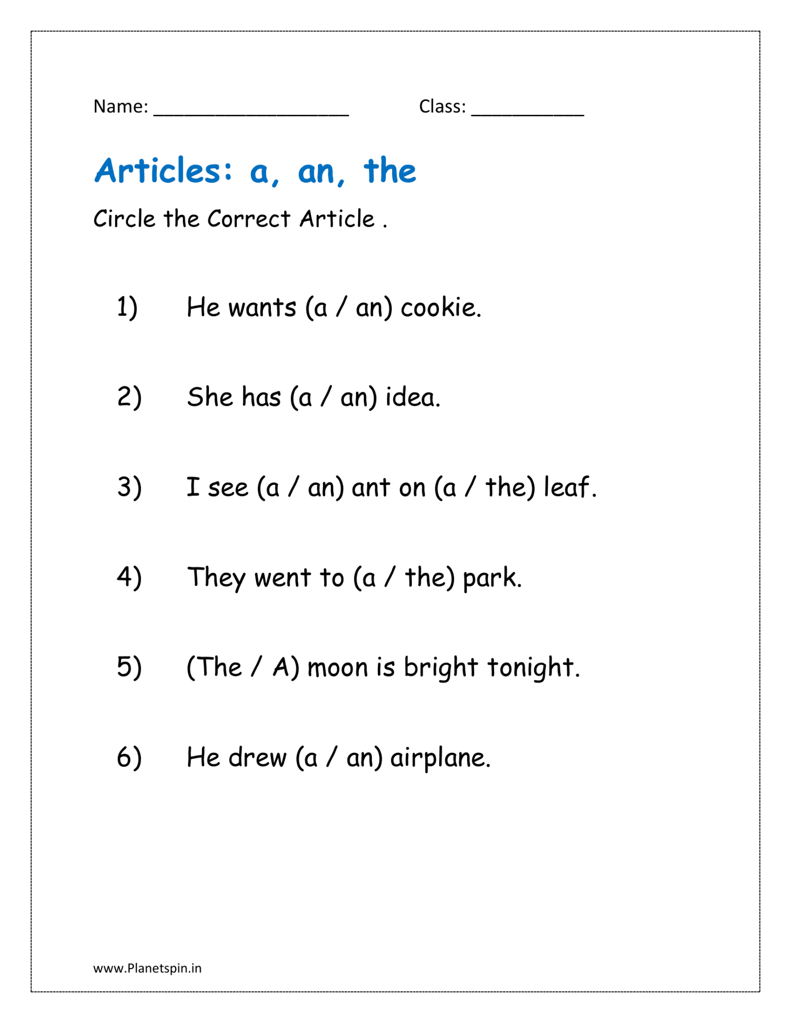 Complete Using Correct Article Articles worksheet for class 1 | Planetspin.in