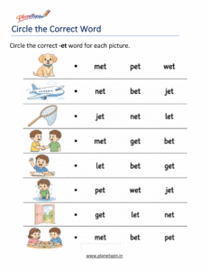 Free Printable -ET Word Family Worksheets PDF