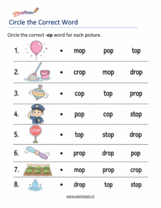 Free Printable -OP Word Family Worksheets PDF