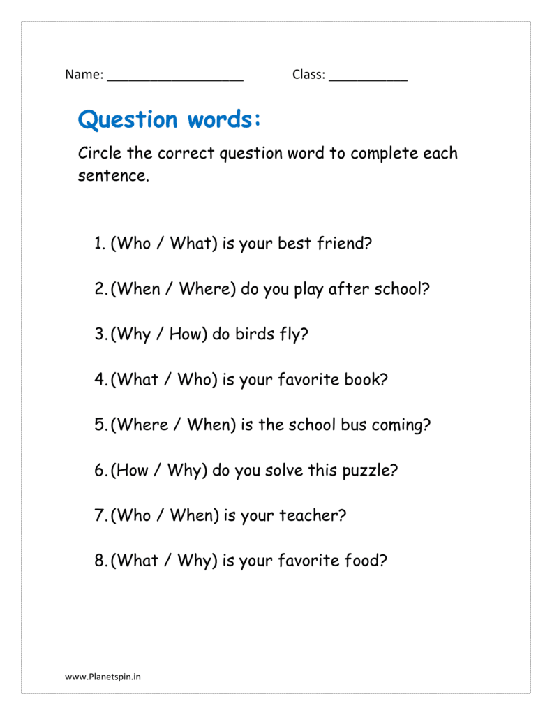 question words worksheet for class 1