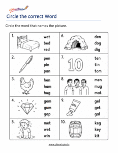 Printable Short E Phonics Worksheet for Kindergarten