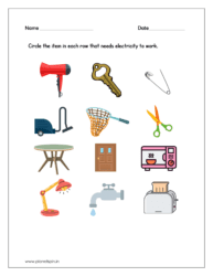 Circle the item in each row that needs electricity to work (Kindergarten worksheet science)