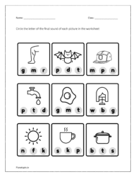 Circle the letter of the final sound of each picture: worksheet 1