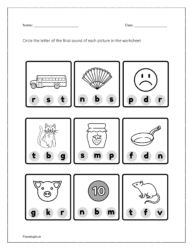 Circle the letter of the final sound of each picture: worksheet 2