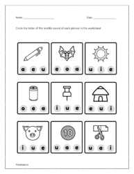 Circle the letter of the middle sound of each picture: worksheet 1