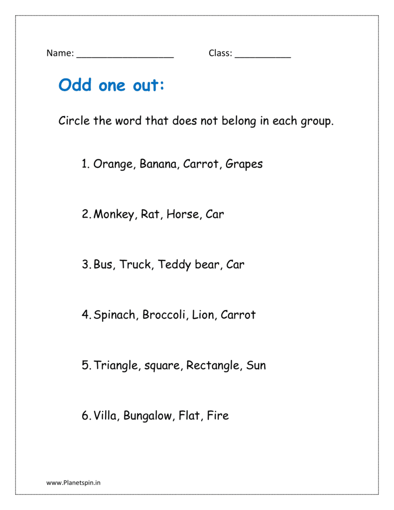 Classifying words worksheets for grade 1 | Planetspin.in