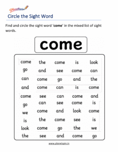 Circle the sight word come activity worksheet
