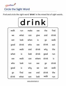 Circle the sight word drink activity worksheet