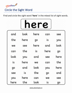 Circle the sight word here activity worksheet