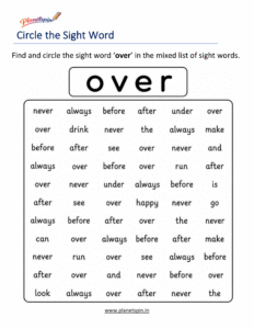 Circle the sight word over activity worksheet