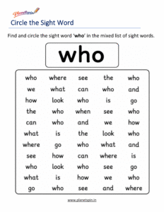 Circle the sight word who activity worksheet