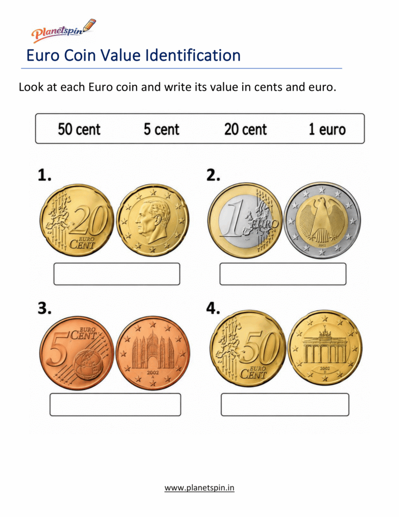 Write Euro coin name worksheet for grade 1
