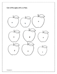 Color all the apples with letter a on them (colors by letter)