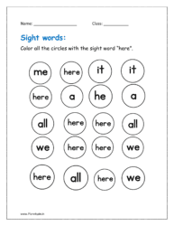 here: Color all the circles with the sight word “here” given in the worksheets pdf for free.