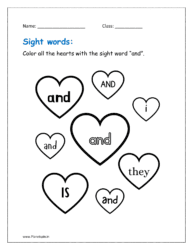 and: Color all the hearts with the sight word “and”