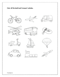 Color all the land transport vehicles (Kindergarten worksheet science)