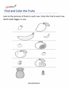 Free kindergarten printable worksheet to find and color fruits