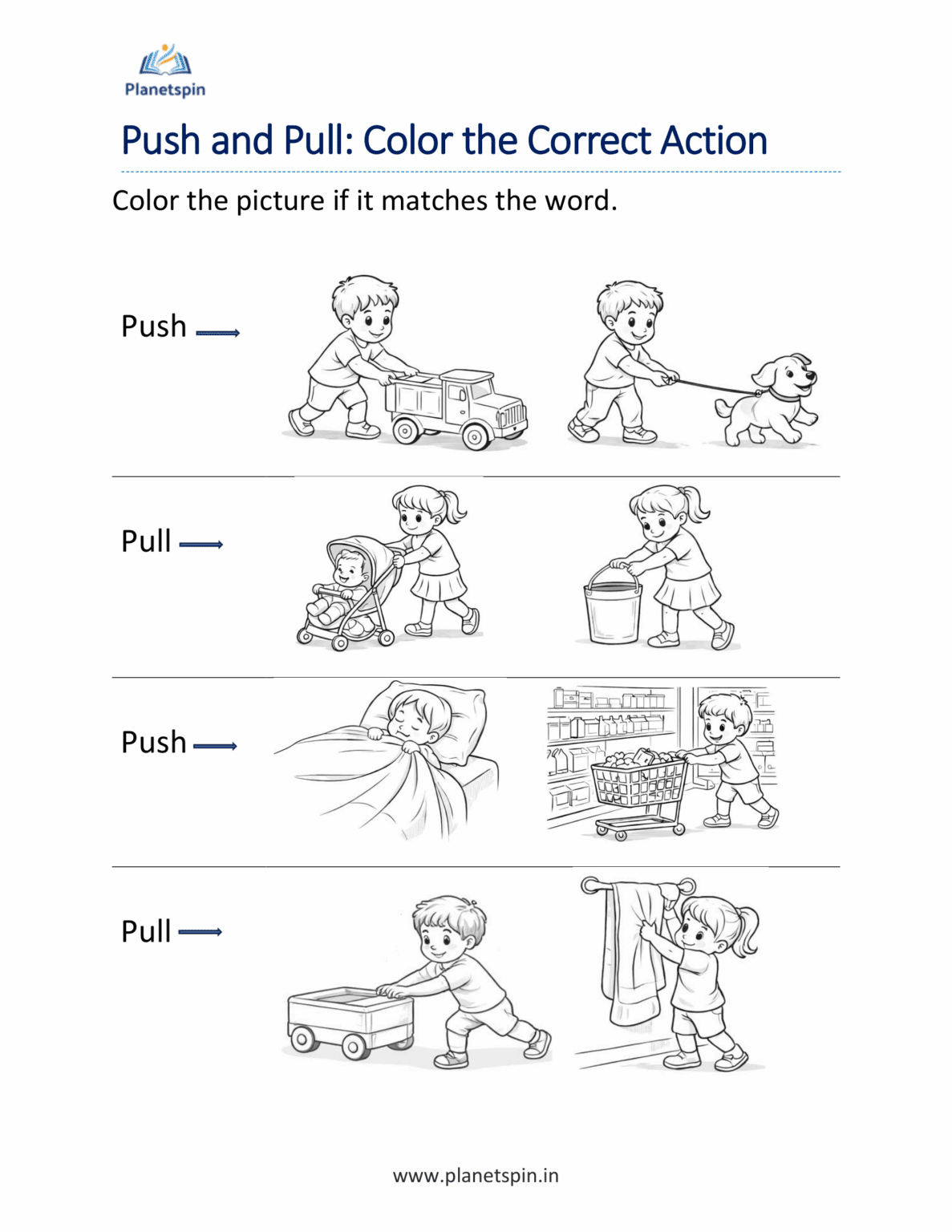 Force and motion worksheets - Push and Pull | Planetspin.in