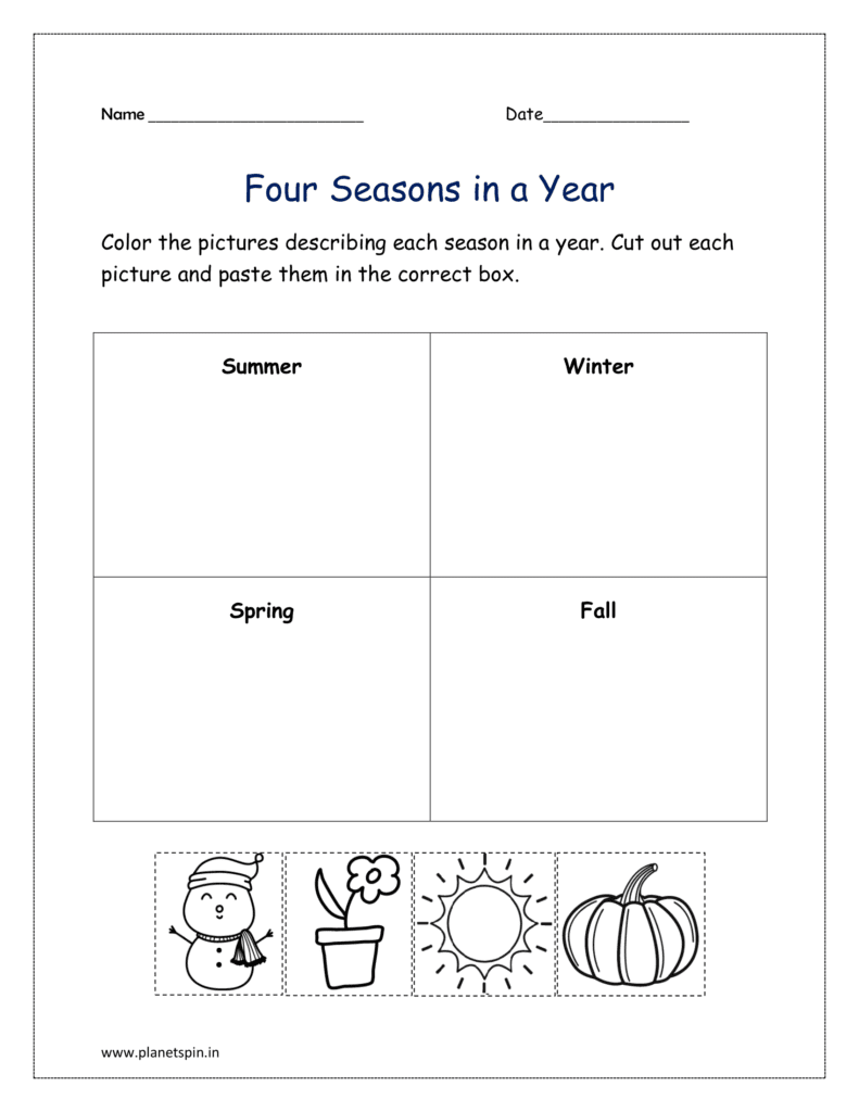 Color the pictures describing each season in a year. Cut out each picture and paste them in the correct box