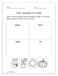 Color the pictures describing each season in a year. Cut out each picture and paste them in the correct box (Seasons worksheet for kindergarten)