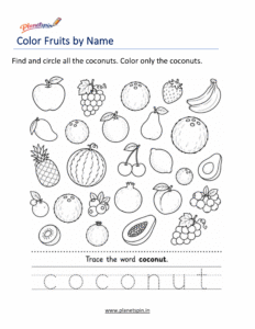 Color the coconut by name worksheet for kindergarten