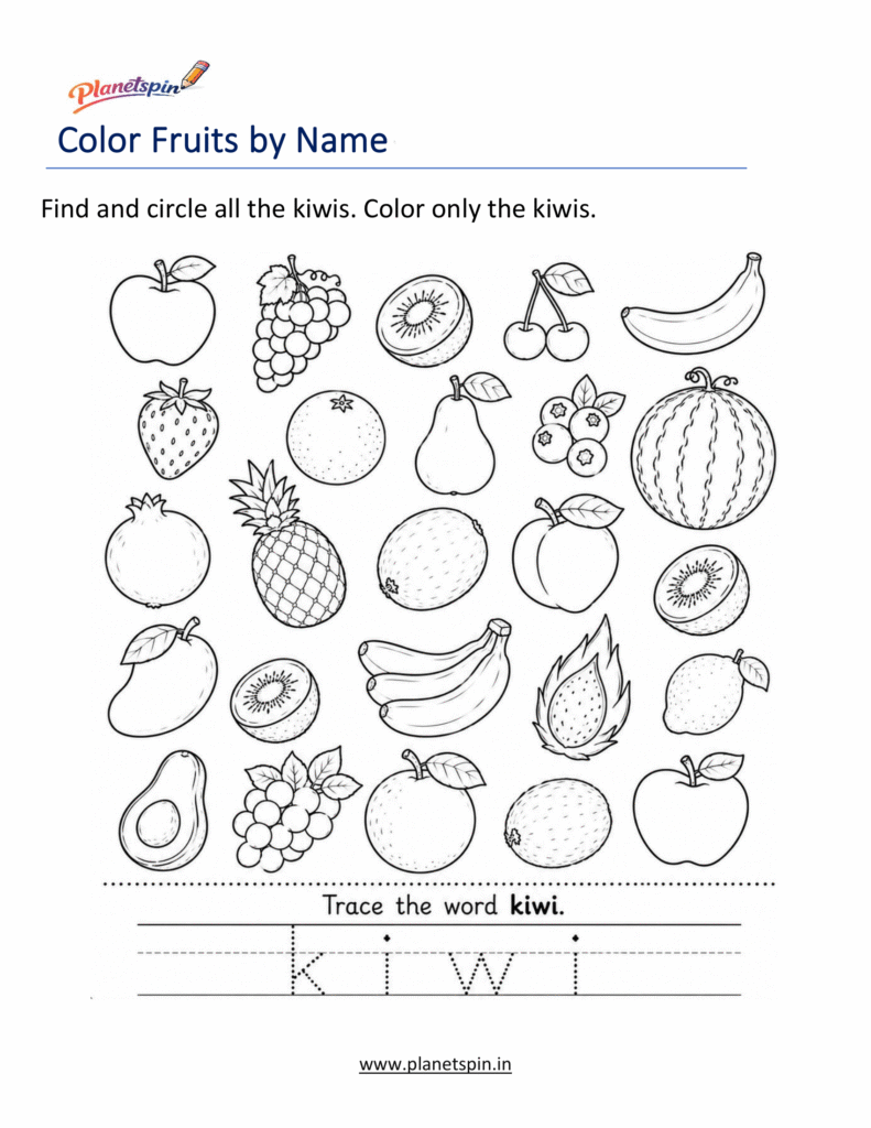 Color Fruits by Name Worksheets | Kindergarten PDF