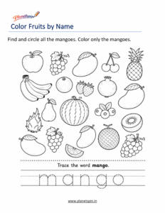 Color the mango by name worksheet for kindergarten