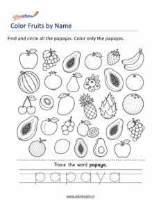 Color the papaya by name worksheet for kindergarten