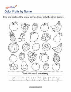 Color the strawberry by name worksheet for kindergarten