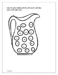 Bubble letter coloring worksheets for M m with red, N n with blue and O o with yellow color