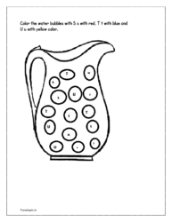 Bubble letter coloring worksheets for S s with red, T t with blue and U u with yellow color