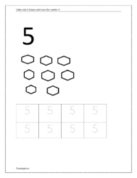 Color only 5 shapes and trace the number 5 (number 5 tracing worksheets for preschool)